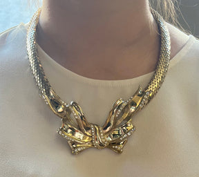 Whiting and Davis Gold and Rhinestone Bow Necklace