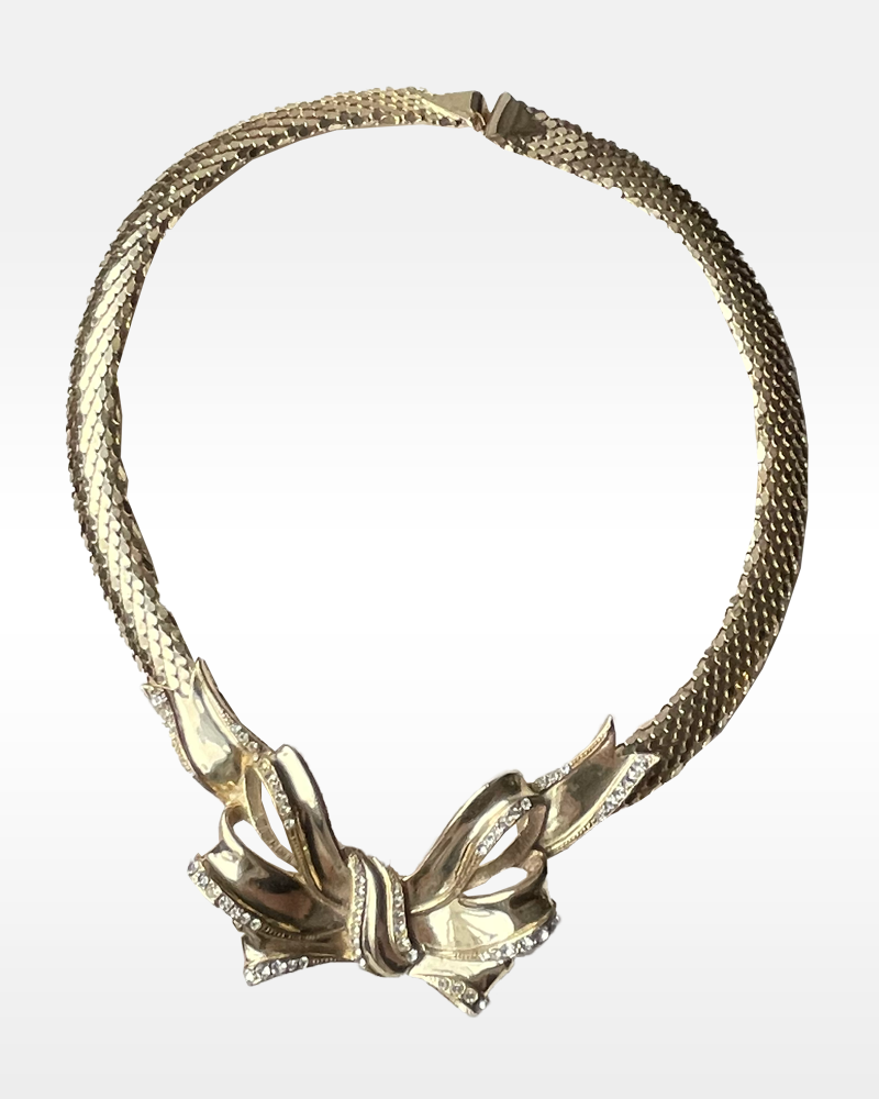 Whiting and Davis Gold and Rhinestone Bow Necklace