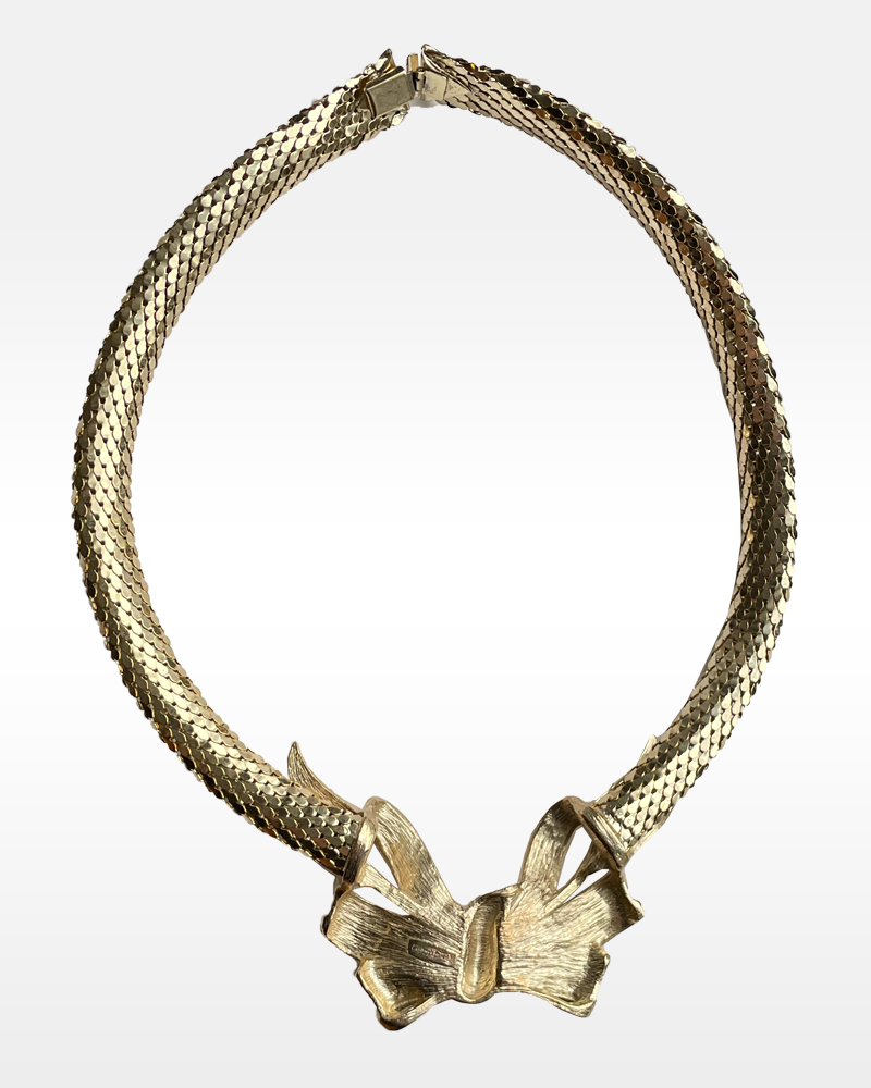 Whiting and Davis Gold and Rhinestone Bow Necklace