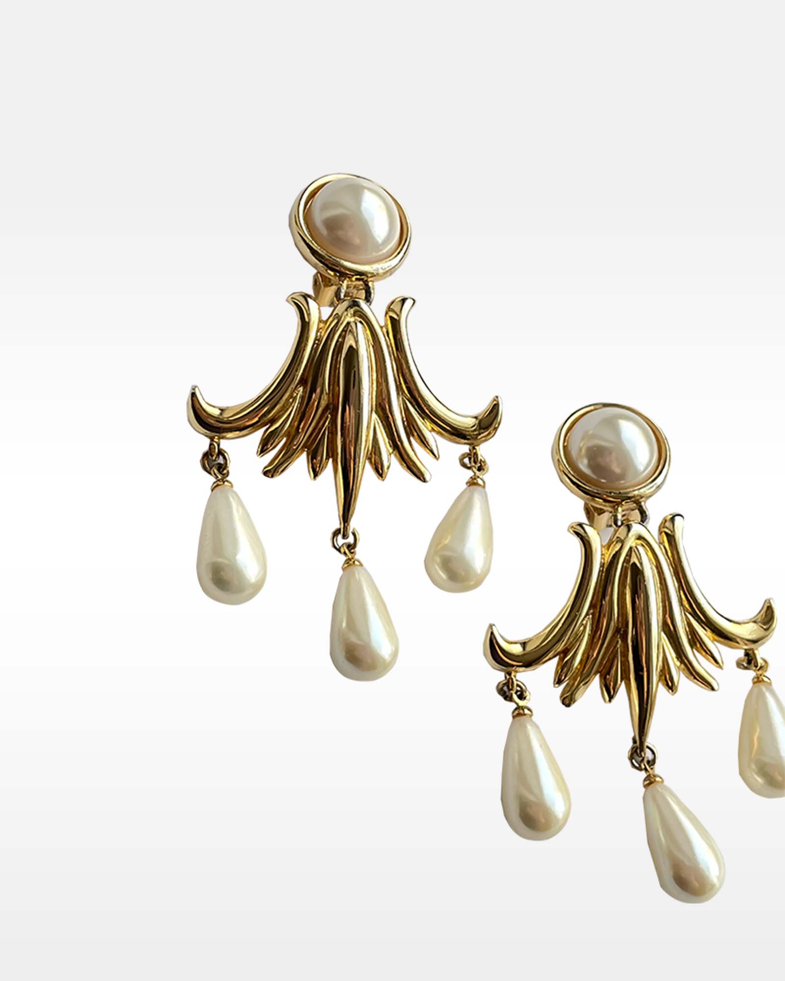 Oscar de la Renta Gold and Faux Pearl Clip Earrings